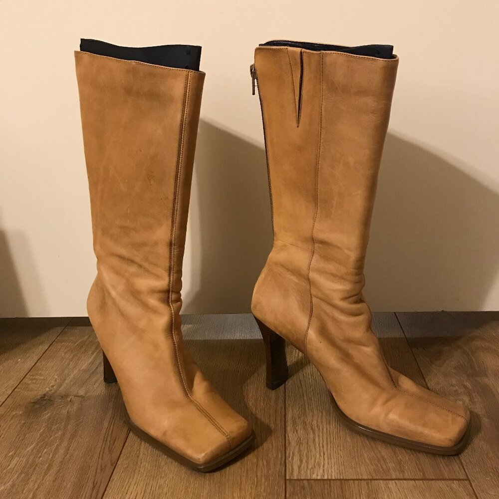 SALE!  Rustic Tan Leather Mid-Calf Square Toe boots - Aldo 37